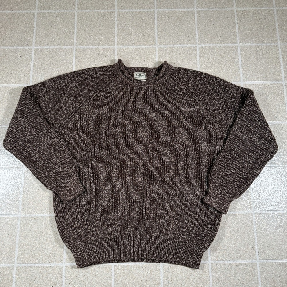 LL Bean Sweater Mens XL Brown Fisherman Heavy Knit Organic Cotton Roll Neck